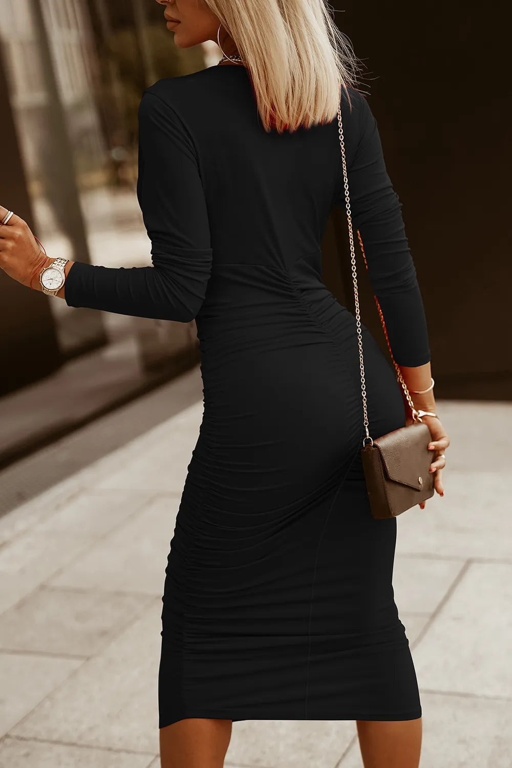 Ruched Surplice Long Sleeve Midi Dress - Blushé Belle