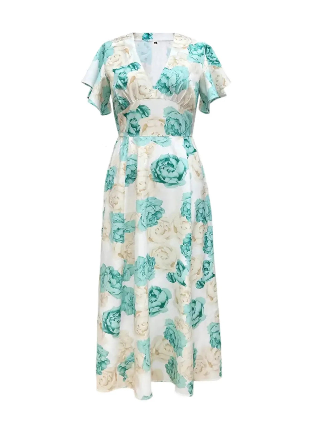 Plus Size Floral Print V-Neck Maxi Dress with Flutter Sleeves - Blushé Belle
