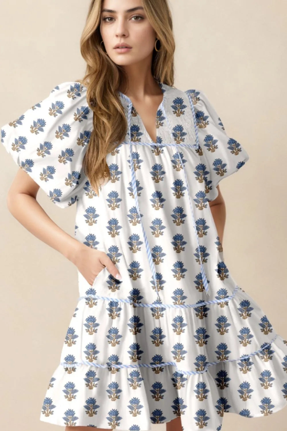 Floral Puff Sleeve Mini Dress with Pockets - Blushé Belle