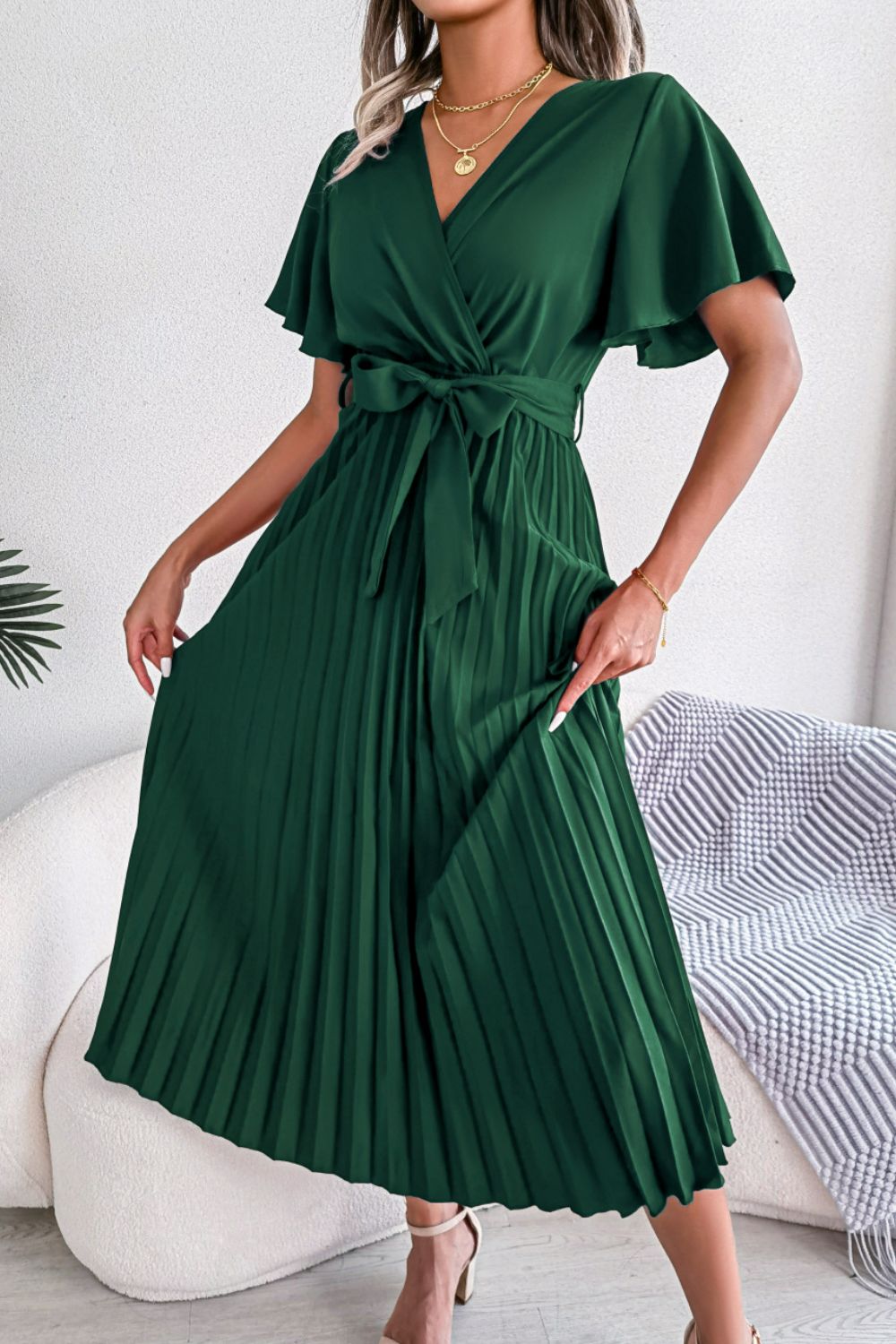 Pleated Flutter Sleeve Belted Dress - Blushé Belle