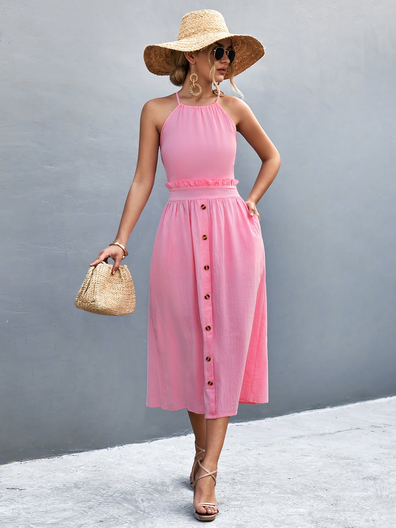 Buttoned Halter Neck Frill Trim Midi Dress - Blushé Belle