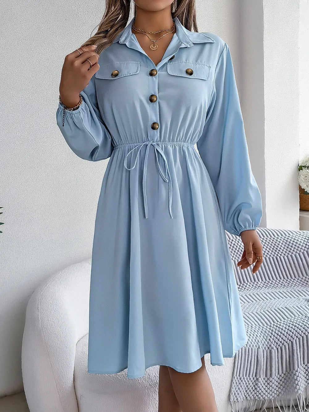 Collared Neck Long Sleeve Dress with Pockets - Blushé Belle