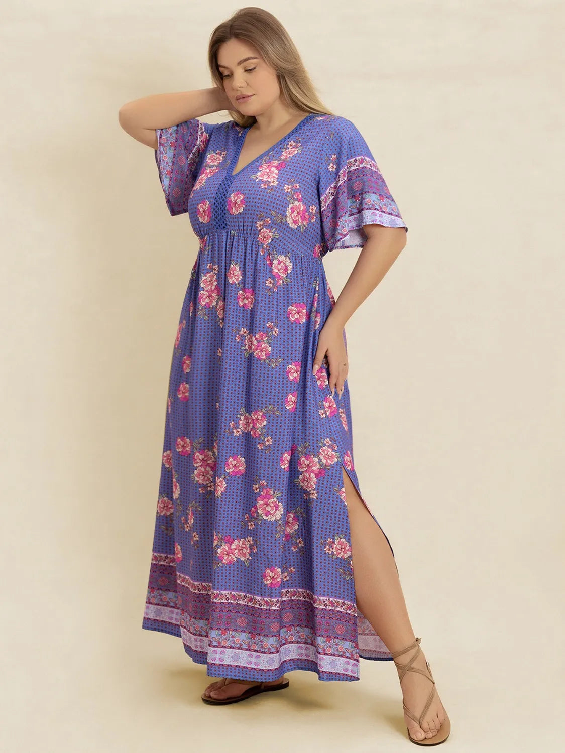 Plus Size Printed V-Neck Flutter Sleeve Dress - Blushé Belle