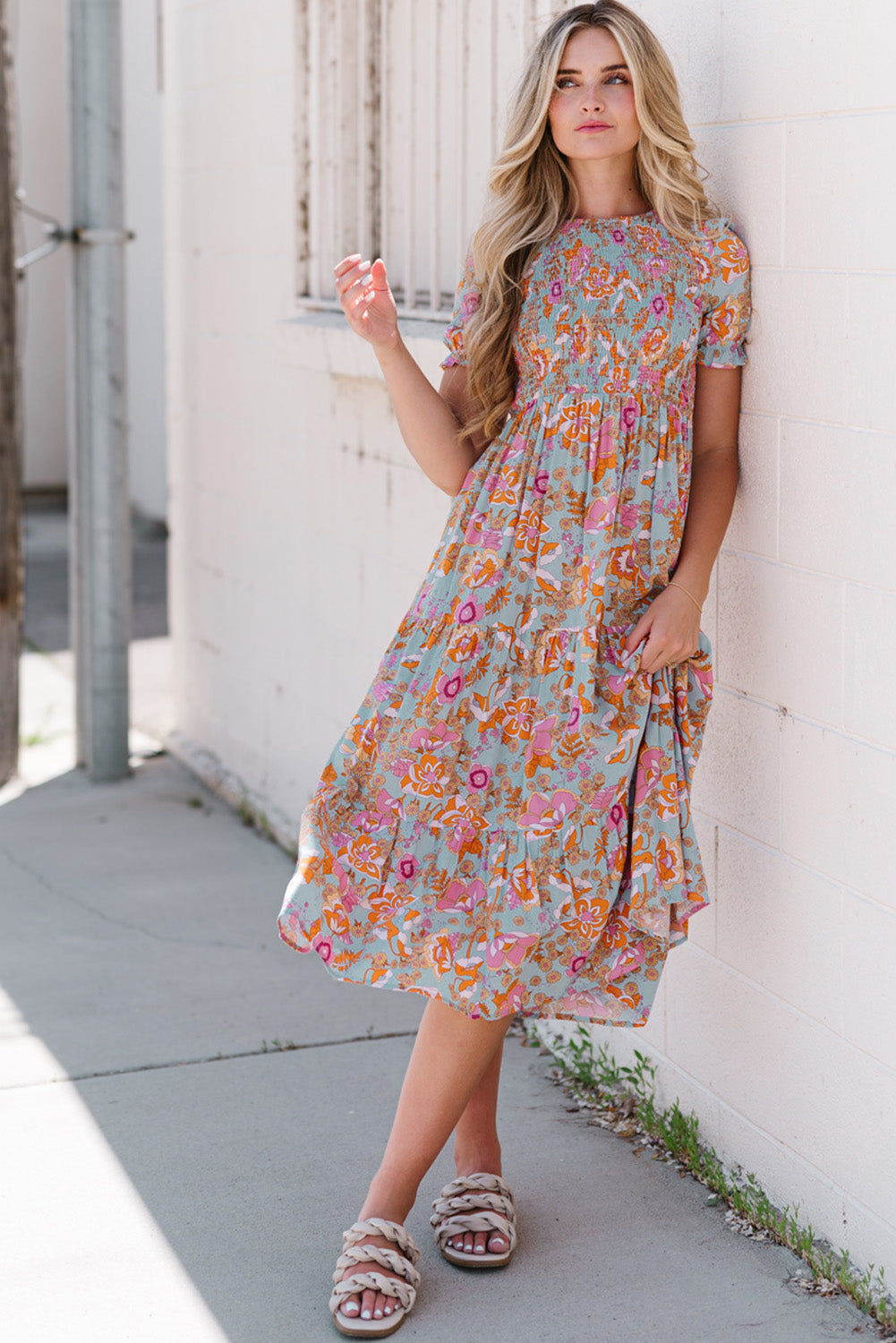 Floral Flounce Sleeve Round Neck Midi Dress - Blushé Belle