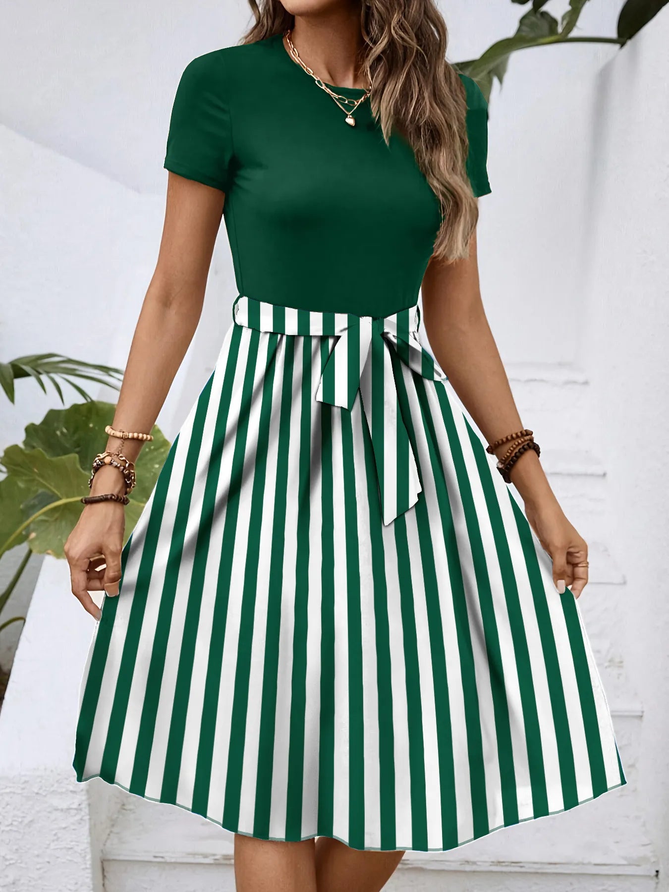 Striped Round Neck Short Sleeve Dress - Blushé Belle