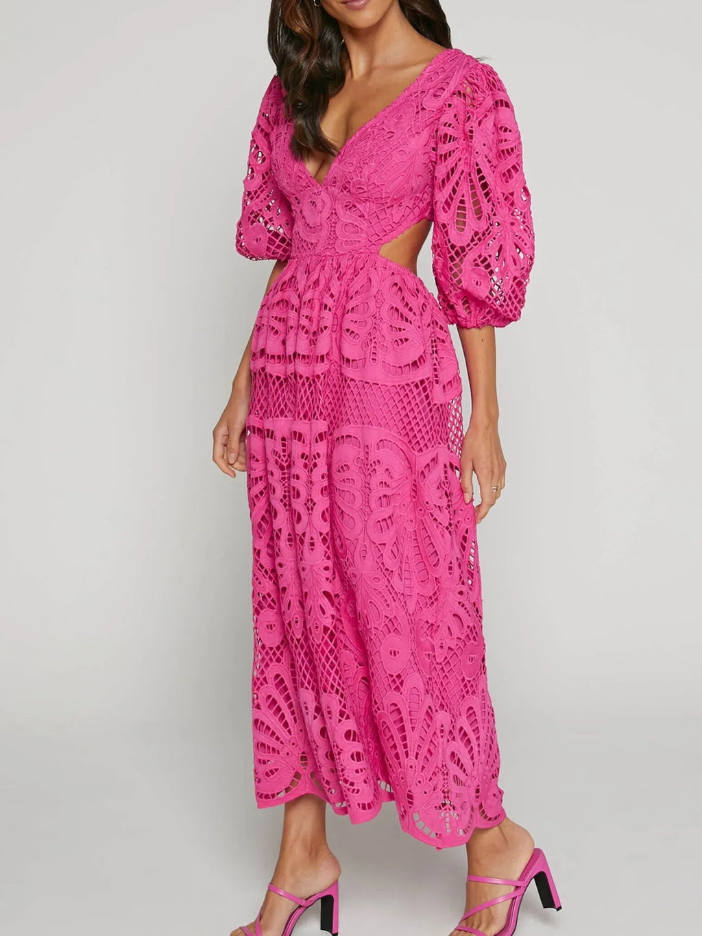 Cutout Back Lace Crochet V-Neck Dress - Blushé Belle