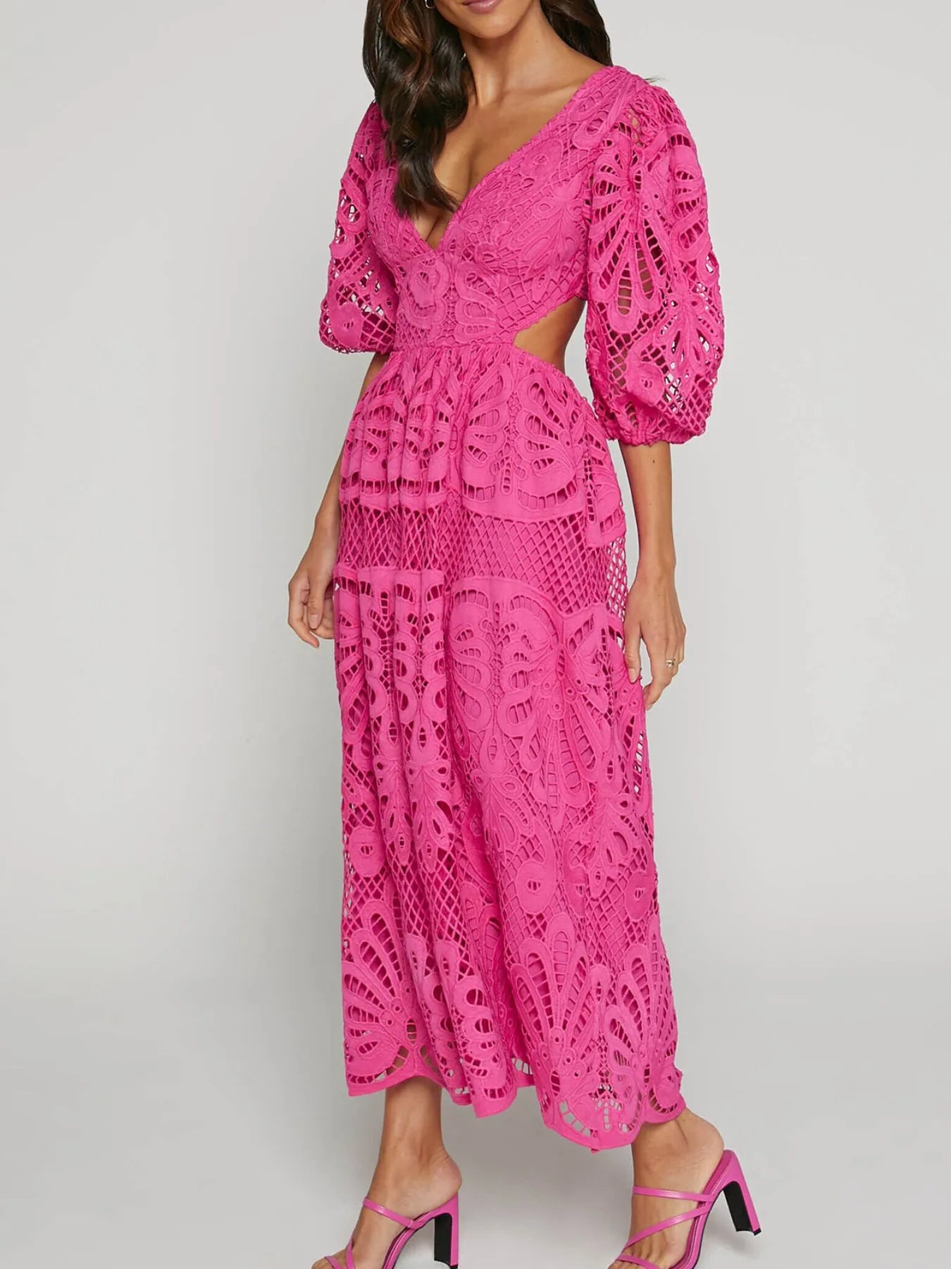 Cutout Back Lace Crochet V-Neck Dress - Blushé Belle