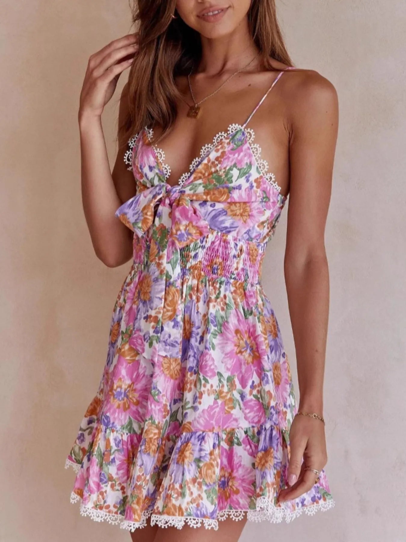 Floral Print Tie-Front Cami Dress with Lace Trim - Blushé Belle