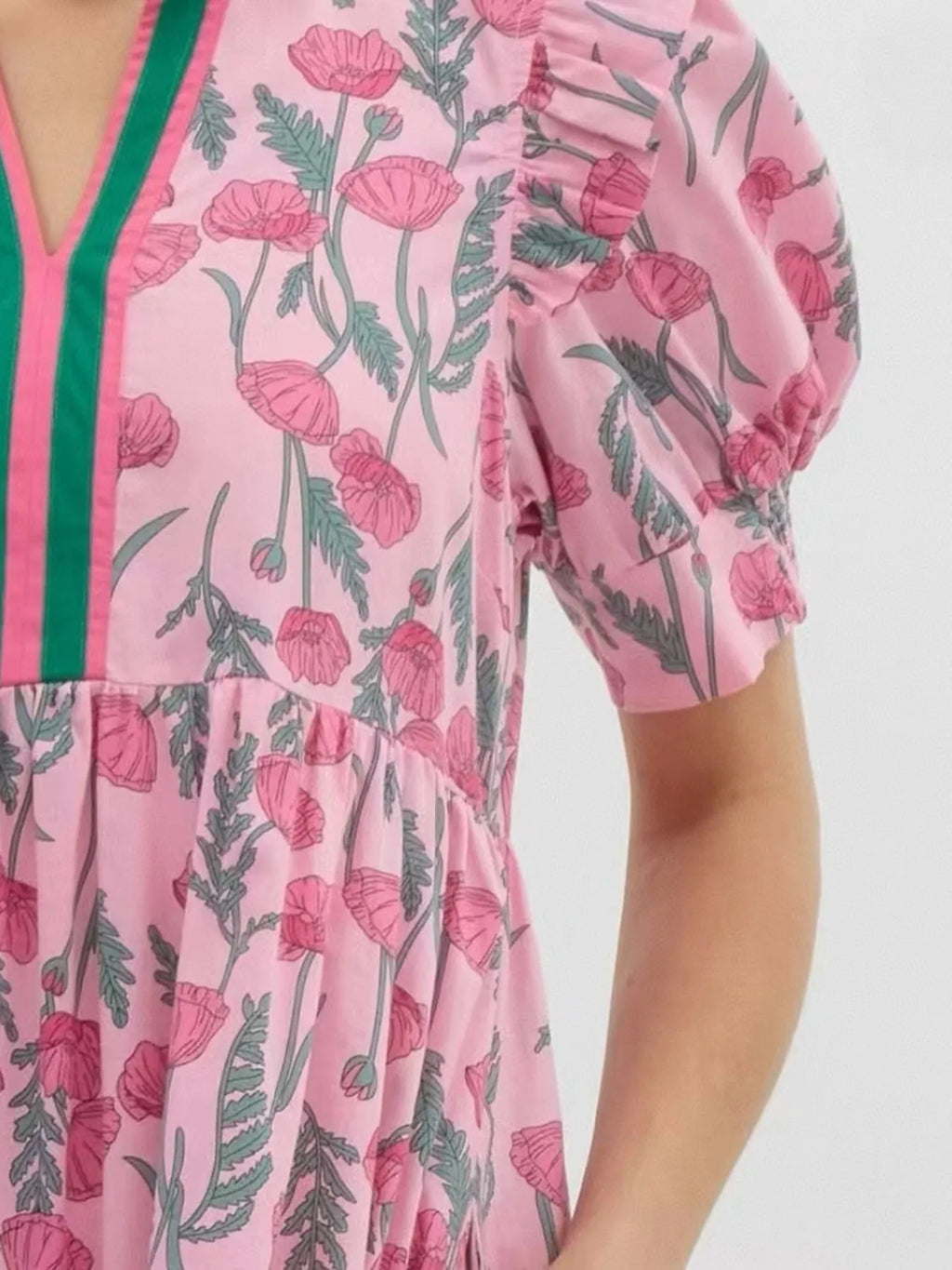 Floral Puff Sleeve Midi Dress with Contrast Trim - Blushé Belle