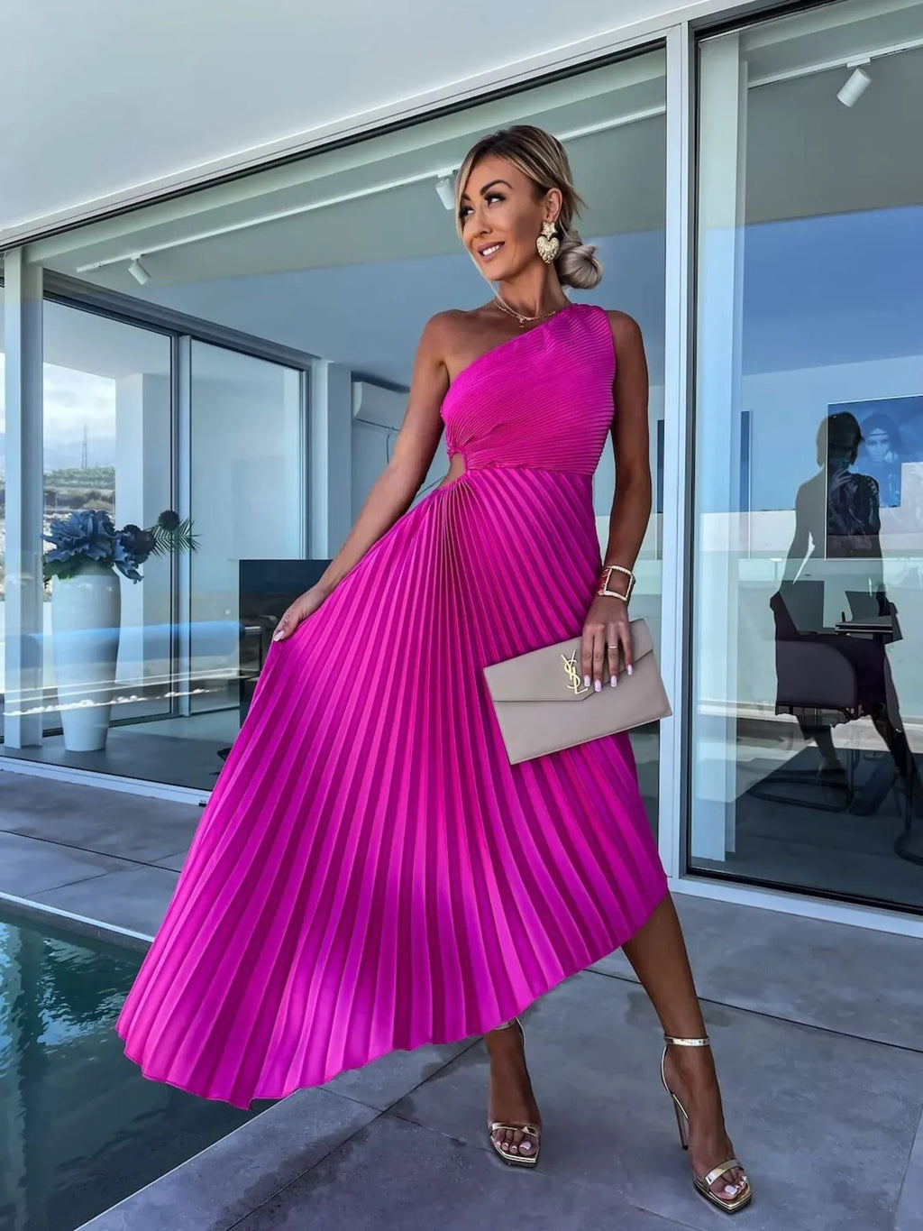 Full Size Single Shoulder Pleated Midi Dress Plus Size - Blushé Belle