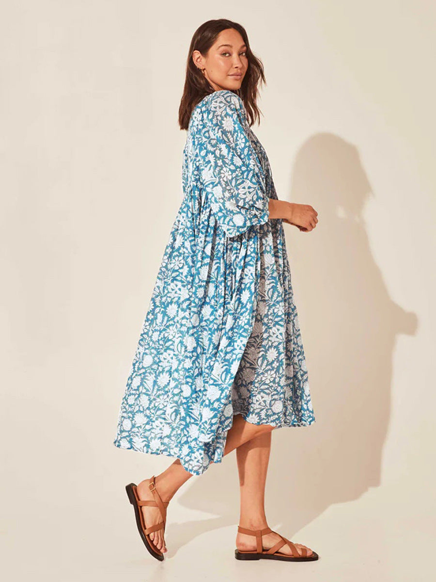 Floral Tie Neck Lantern Sleeve Dress - Blushé Belle