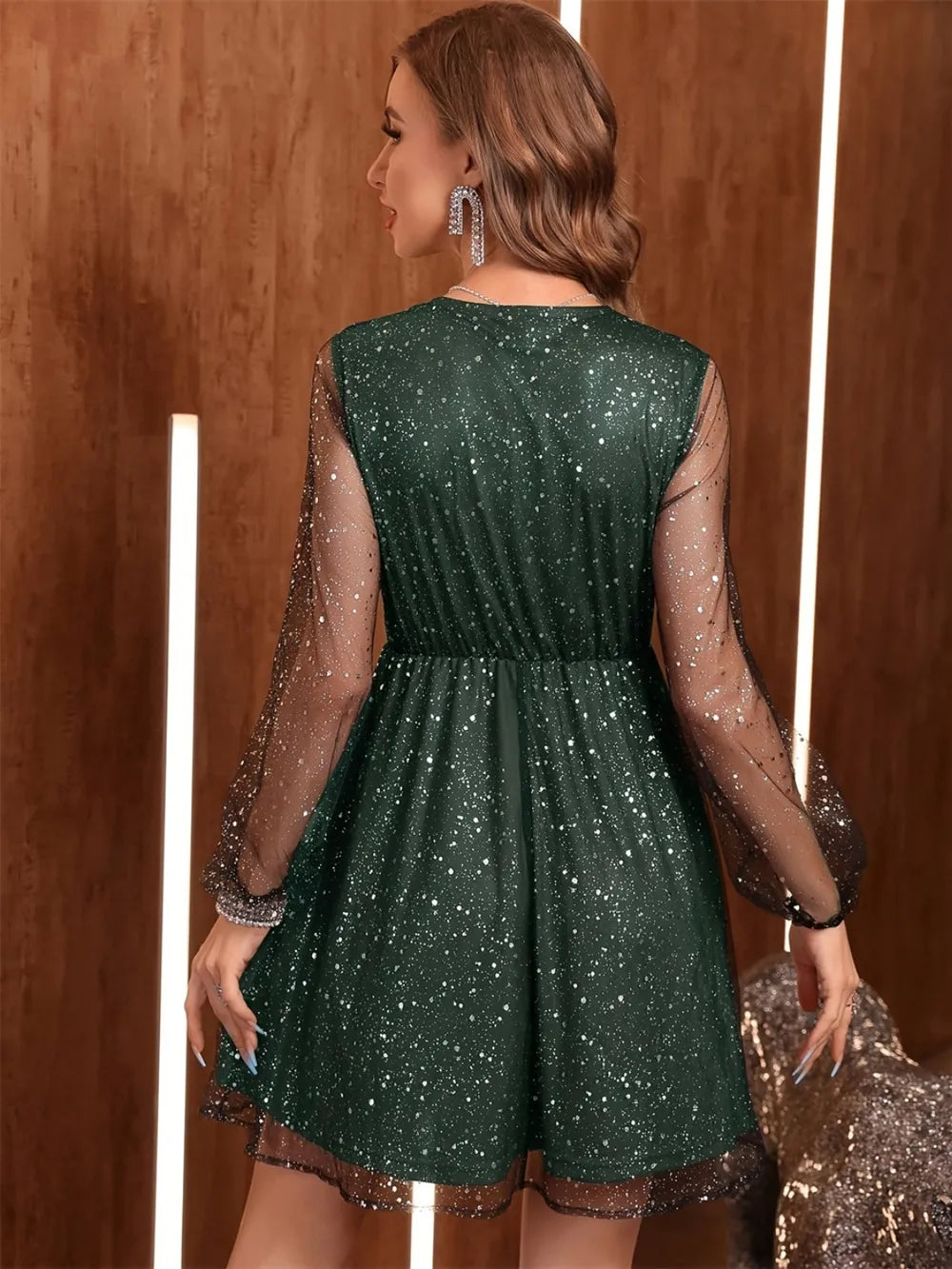 Glitter Surplice Long Sleeve Mini Dress - Blushé Belle