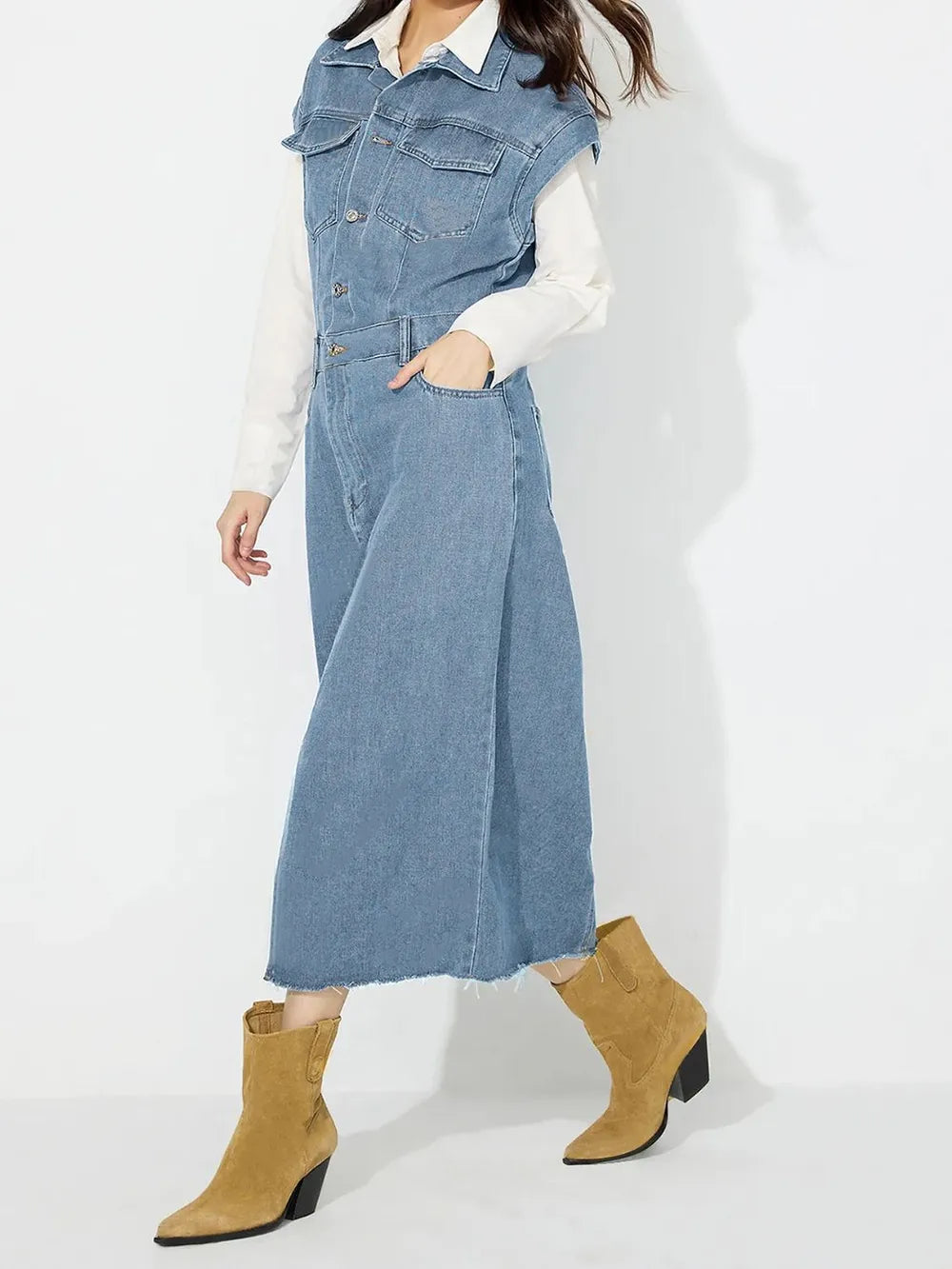 Slit Half Button Collared Neck Cap Sleeve Denim Dress - Blushé Belle