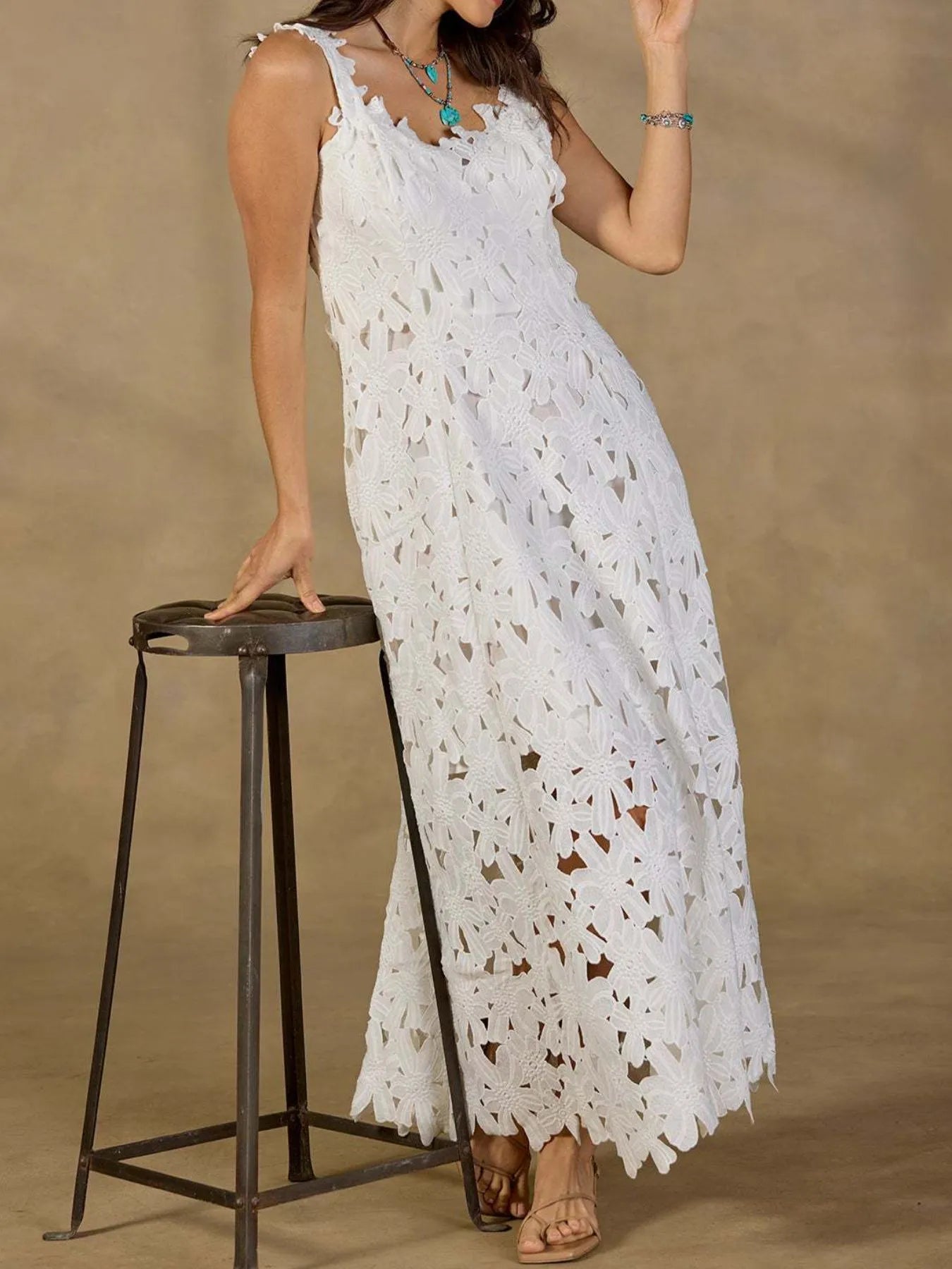 Lace Flower Round Neck Maxi Dress - Blushé Belle