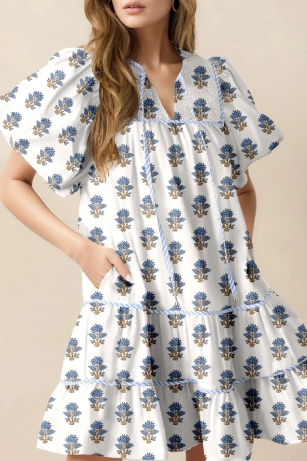 Floral Puff Sleeve Mini Dress with Pockets - Blushé Belle
