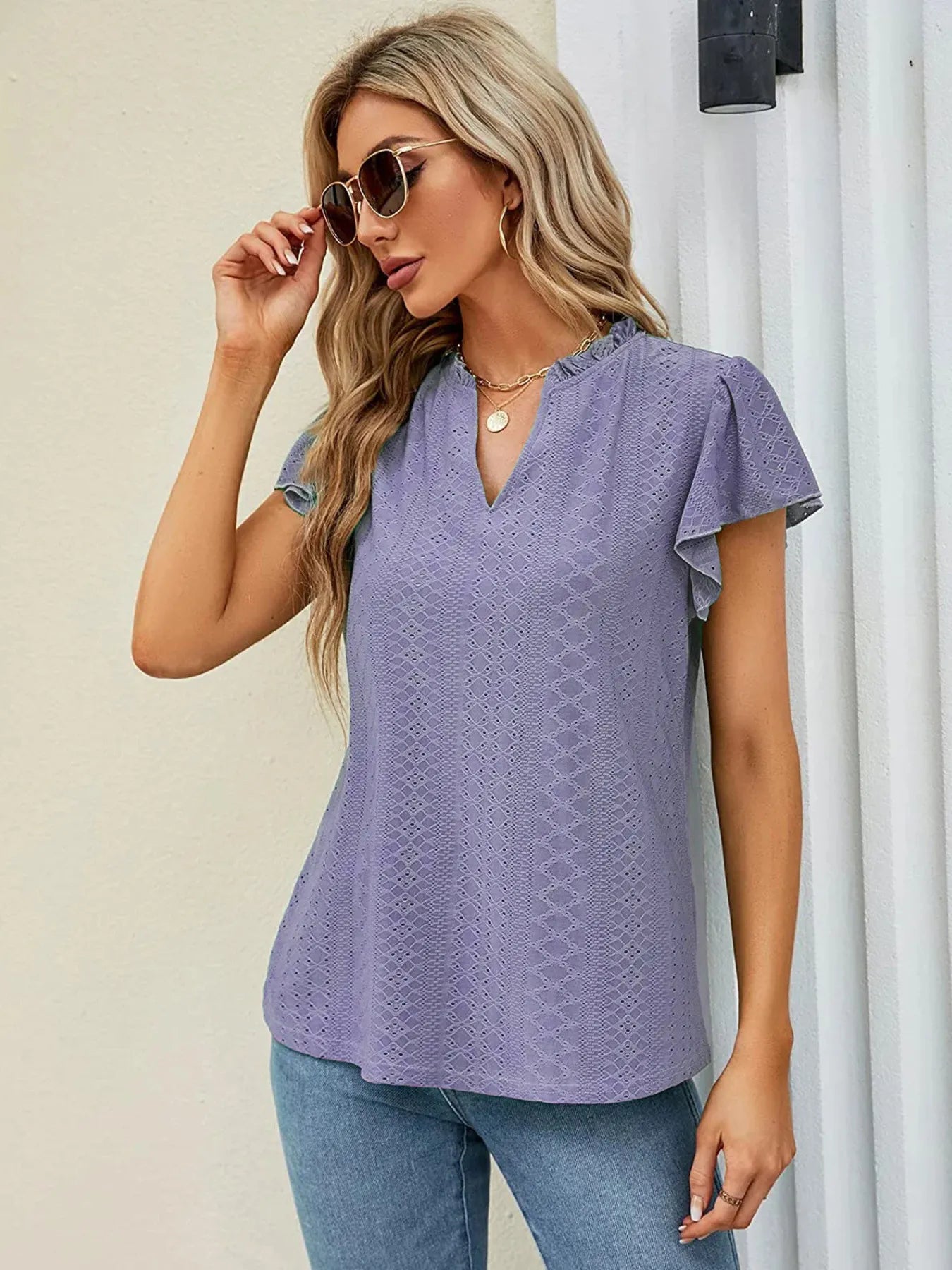 Eyelet Notched Short Sleeve T-Shirt - Blushé Belle
