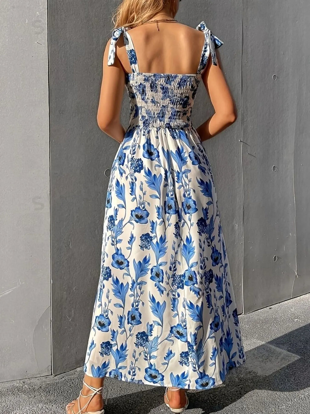 Floral Smocked Midi Dress with Tie Shoulders - Blushé Belle