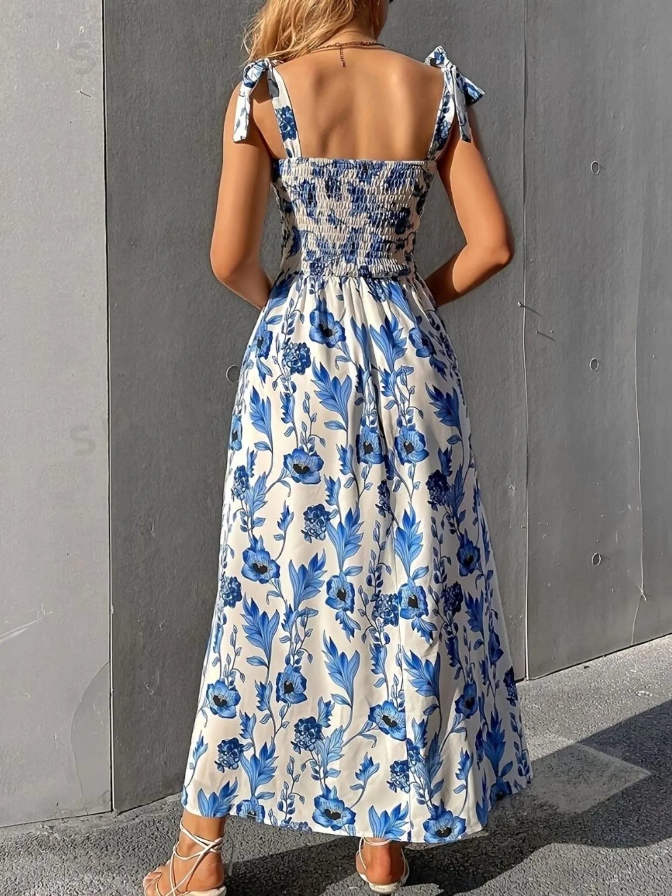 Floral Smocked Midi Dress with Tie Shoulders - Blushé Belle