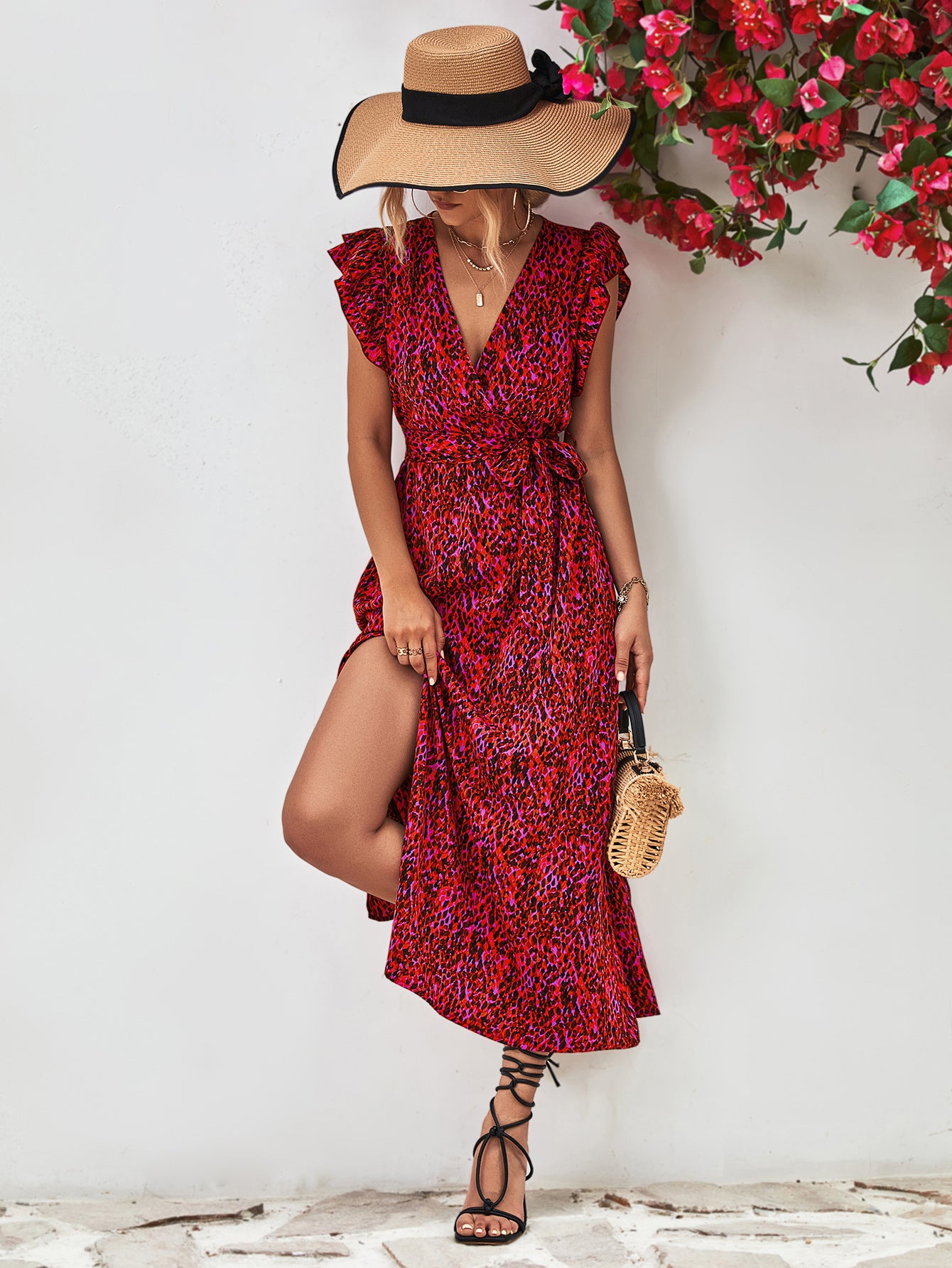Printed Surplice Neck Flutter Sleeve Slit Dress - Blushé Belle