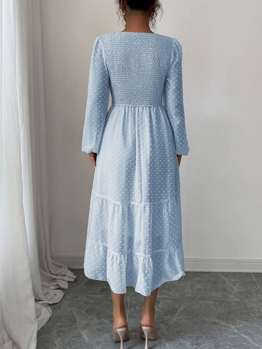 Polka Dot Long Sleeve Tiered Midi Dress - Blushé Belle