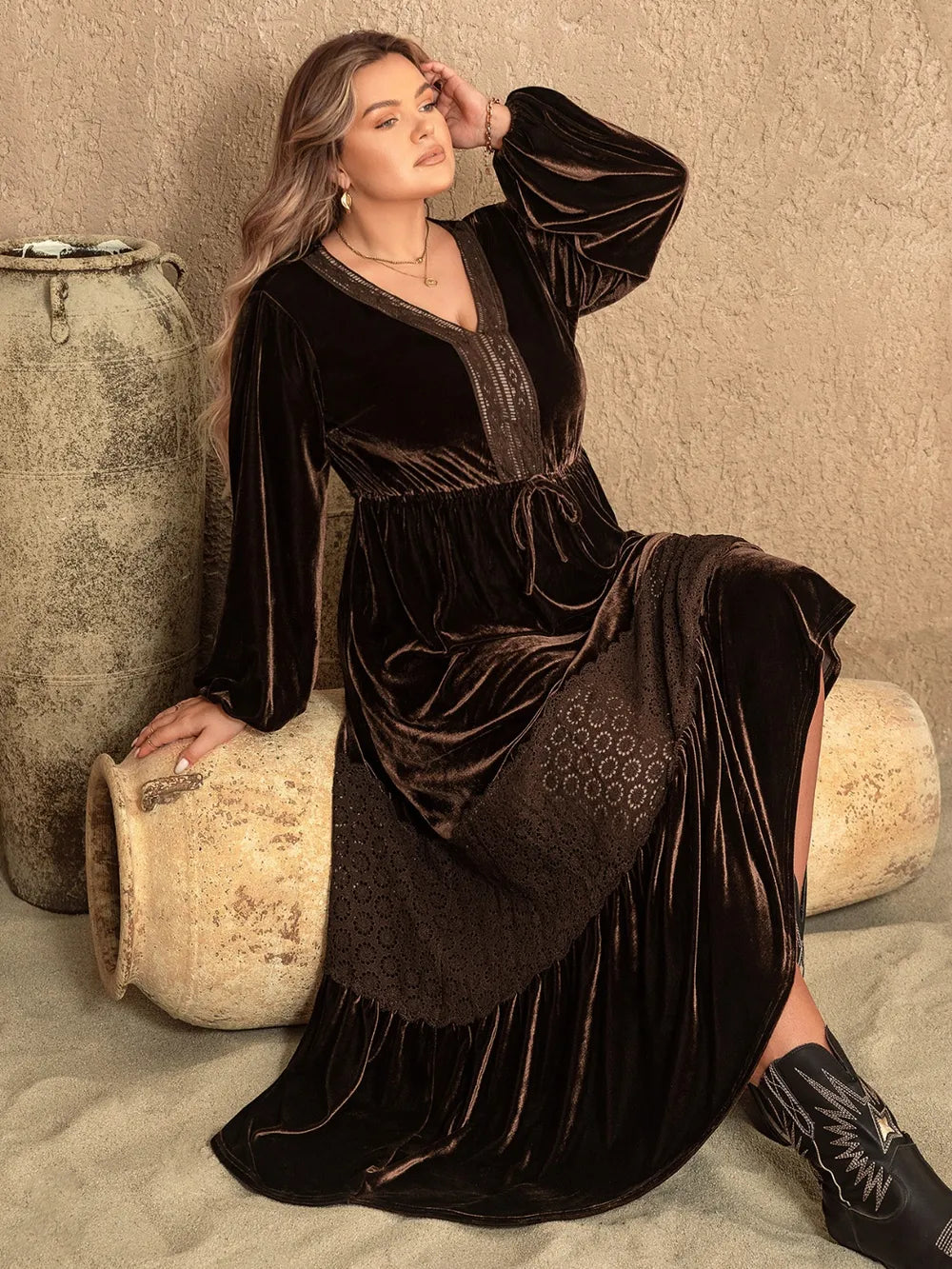 Plus Size V-Neck Balloon Sleeve Maxi Dress - Blushé Belle
