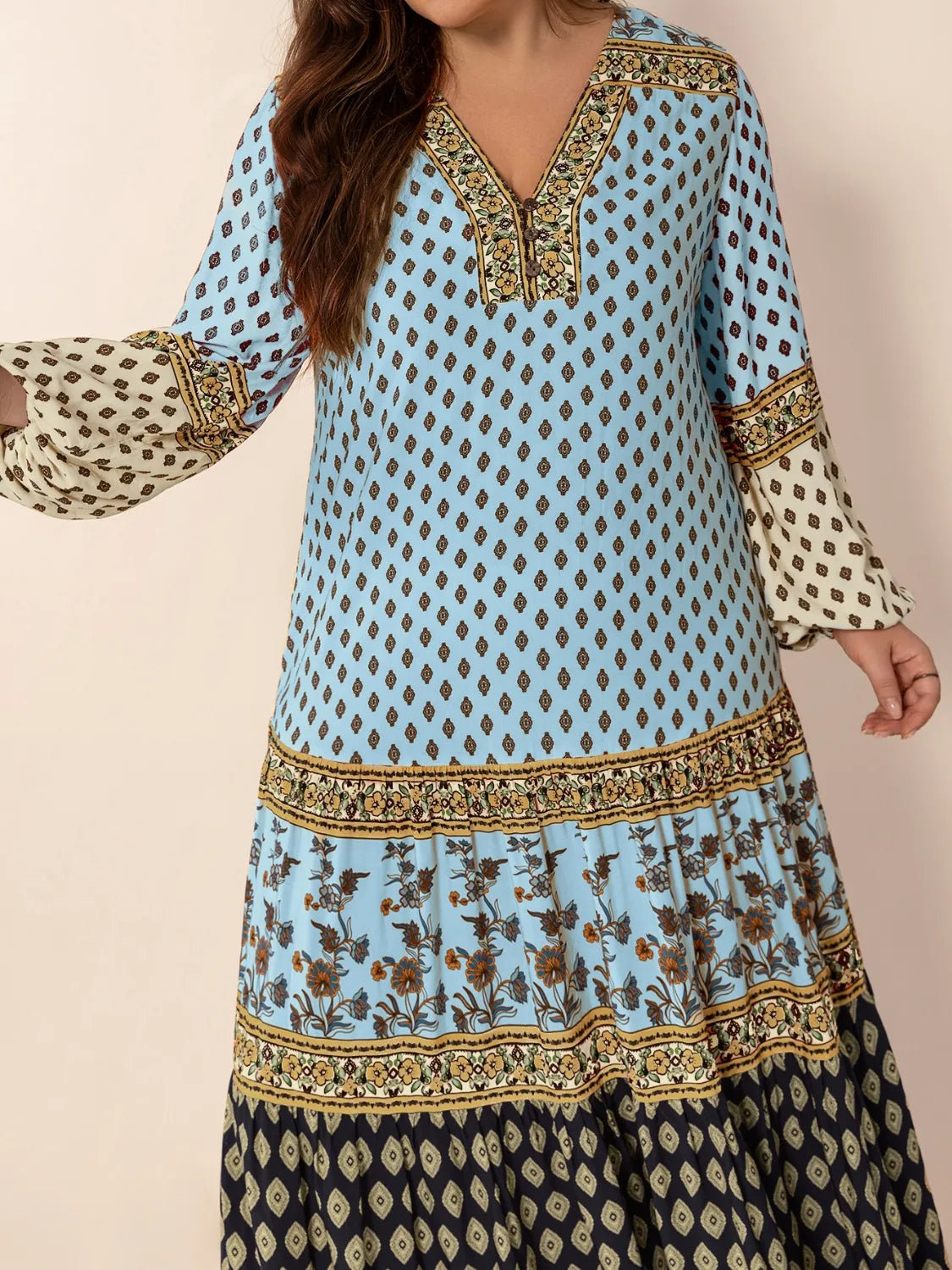 Plus Size Printed V-Neck Balloon Sleeve Maxi Dress - Blushé Belle