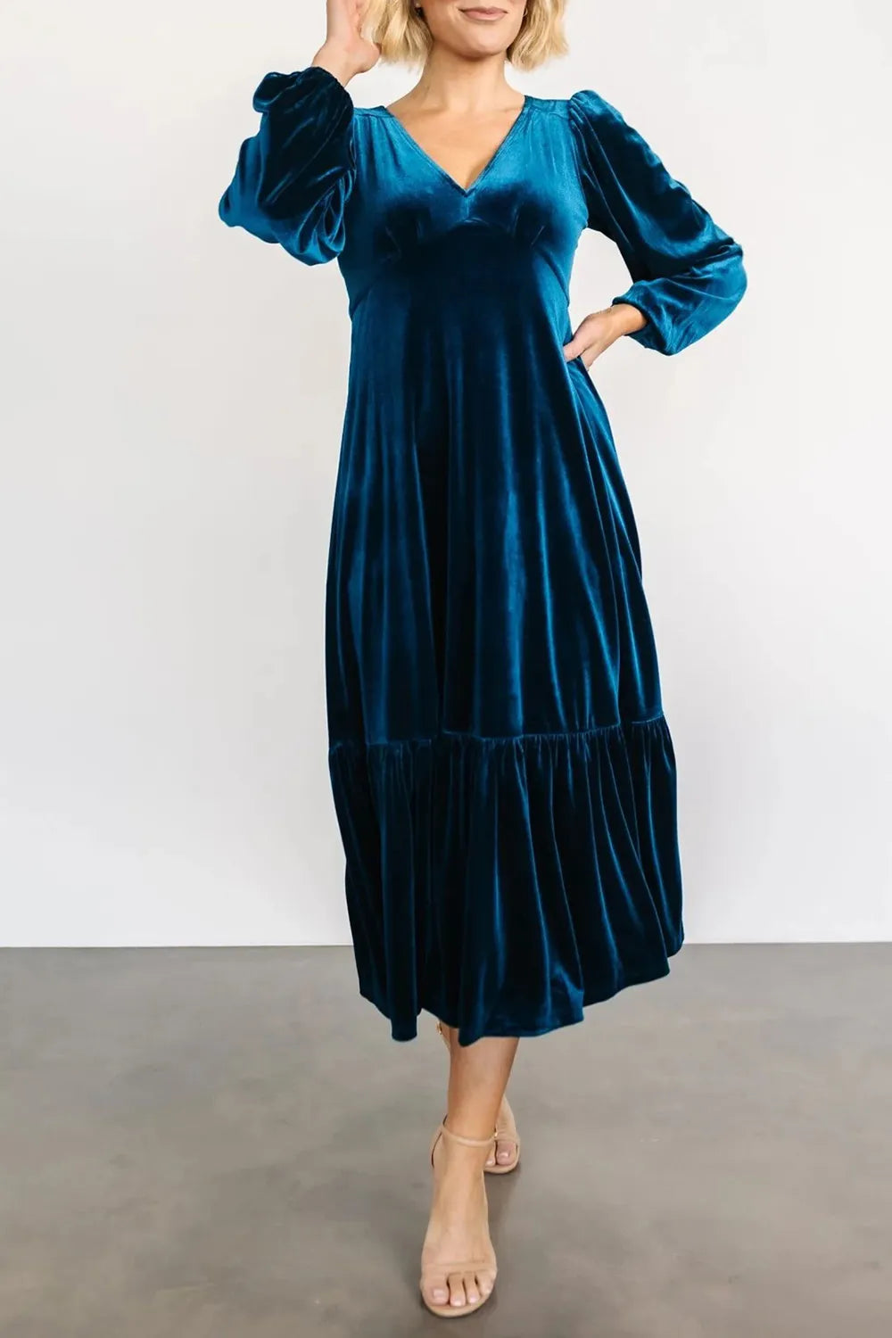 V-Neck Long Sleeve Midi Velvet Dress - Blushé Belle