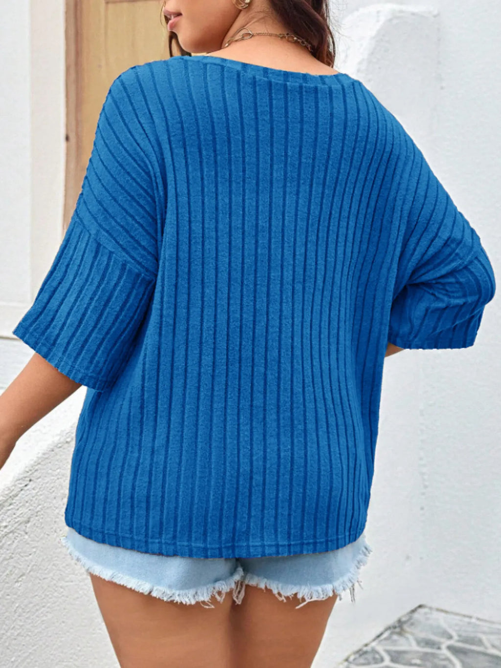 Plus Size V-Neck Ribbed Knit T-Shirt - Blushé Belle