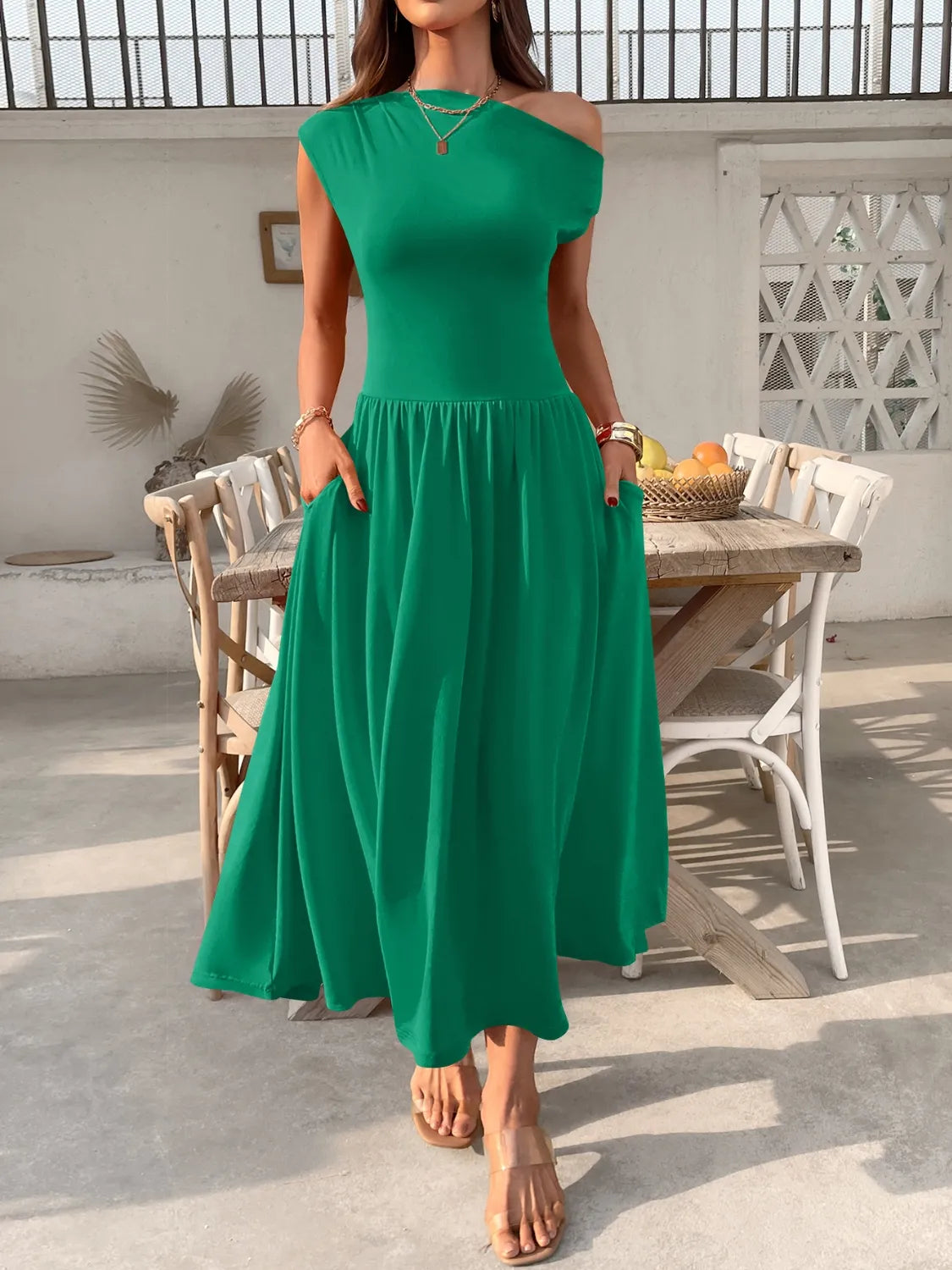Single Shoulder Midi Dress with Pockets - Blushé Belle