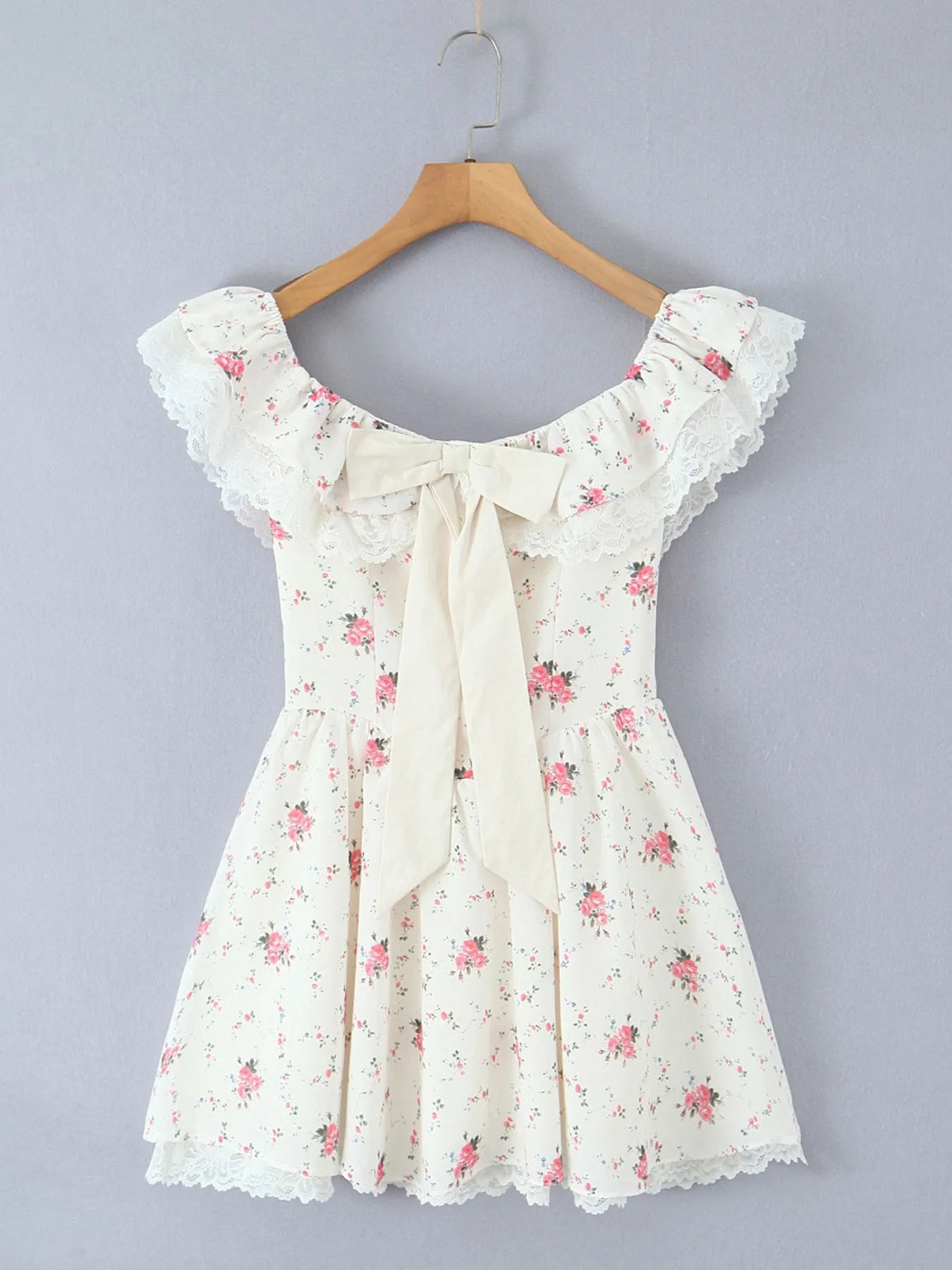 Off-Shoulder Floral Lace Trim Mini Dress - Blushé Belle