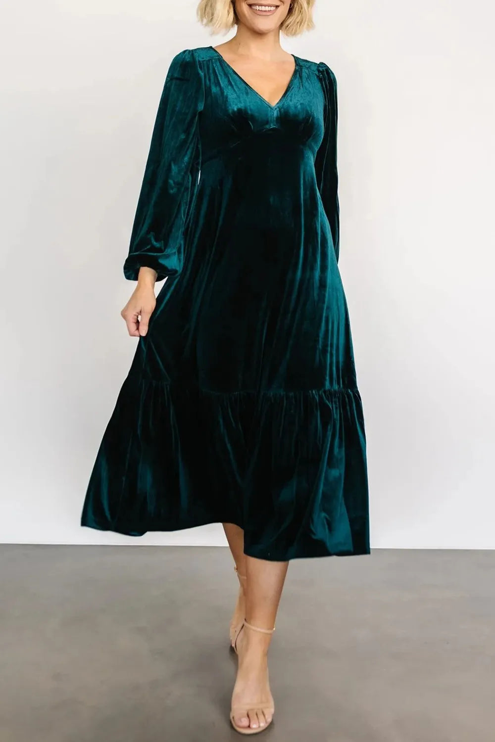 V-Neck Long Sleeve Midi Velvet Dress - Blushé Belle