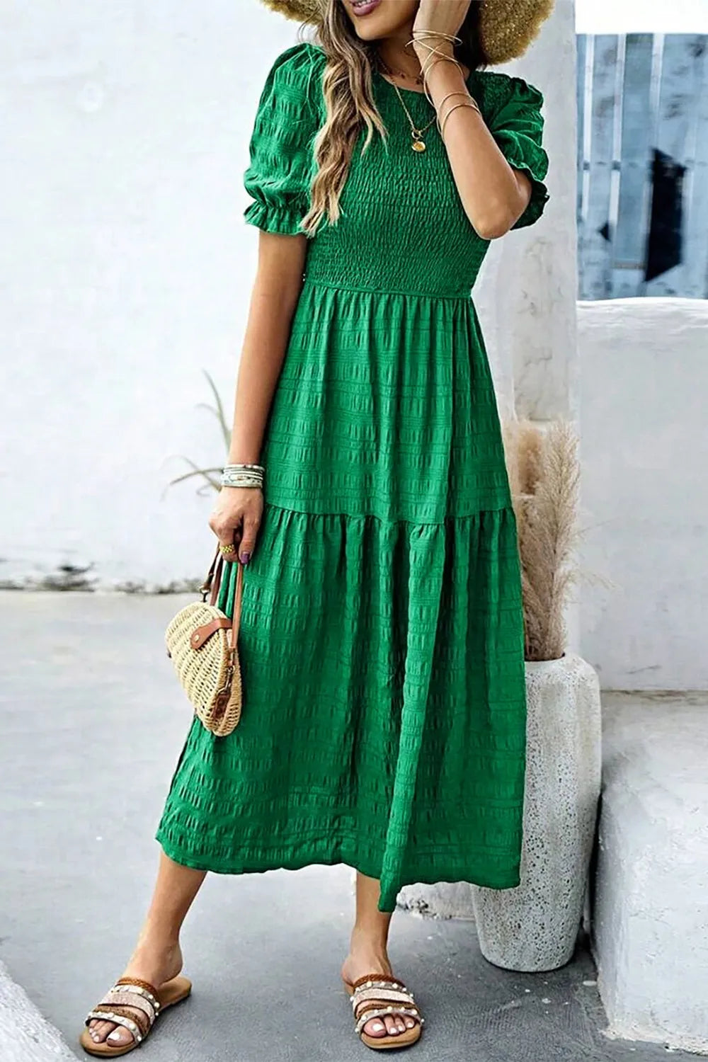 Smocked Puff Sleeve Midi Dress - Blushé Belle