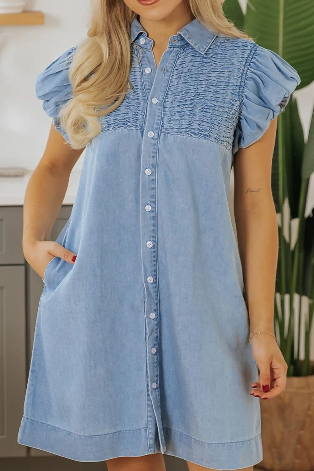 Smocked Collared Neck Cap Sleeve Denim Dress - Blushé Belle