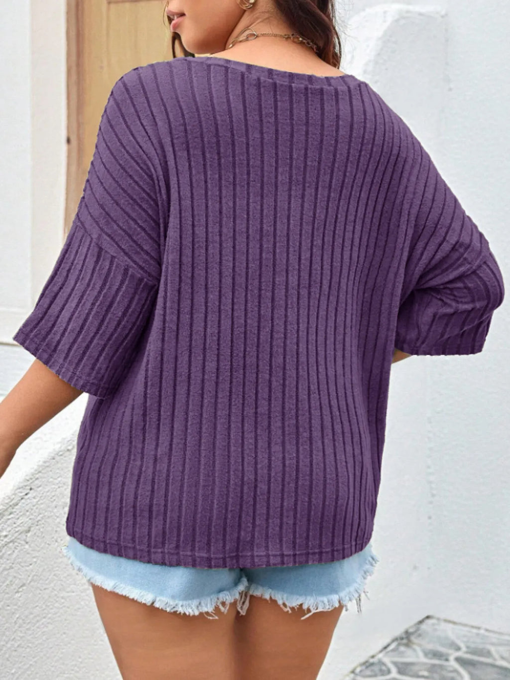 Plus Size V-Neck Ribbed Knit T-Shirt - Blushé Belle