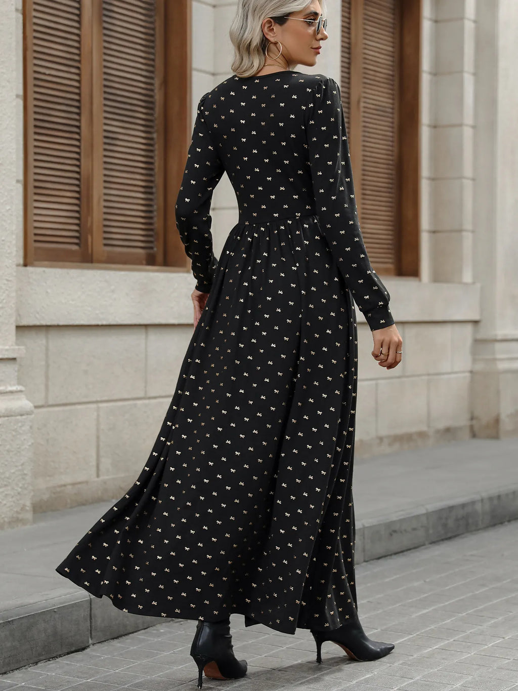 Bow Long Sleeve V-Neck Maxi Dress - Blushé Belle