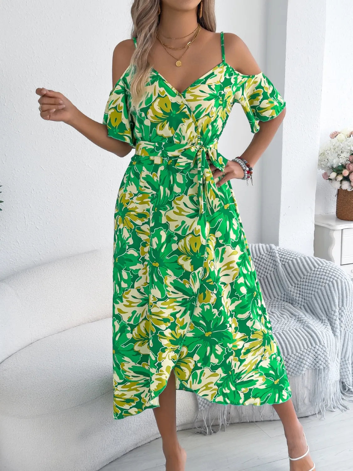 Printed Cold Shoulder Midi Cami Dress - Blushé Belle