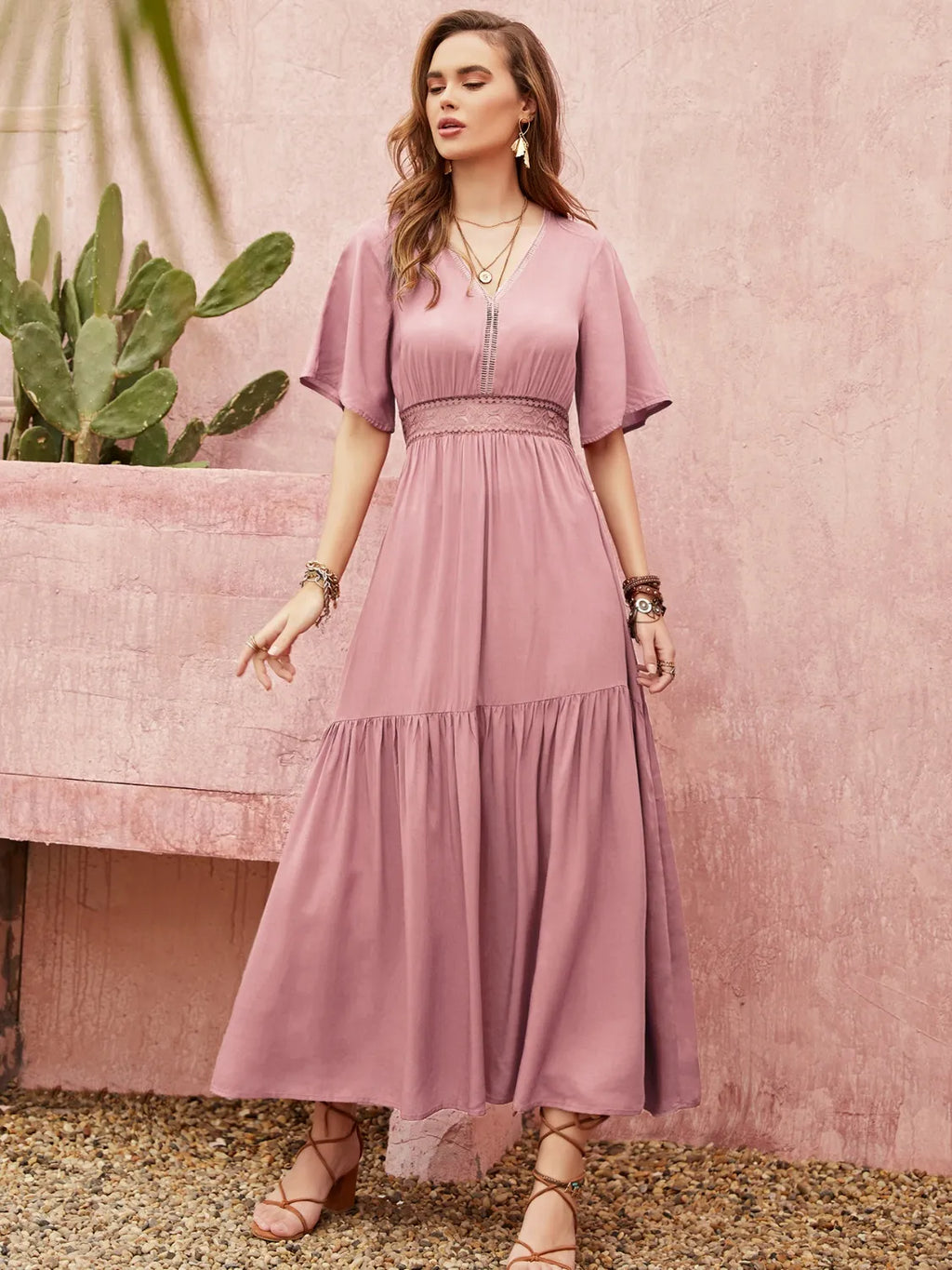 Lace Detail V-Neck Short Sleeve Dress - Blushé Belle
