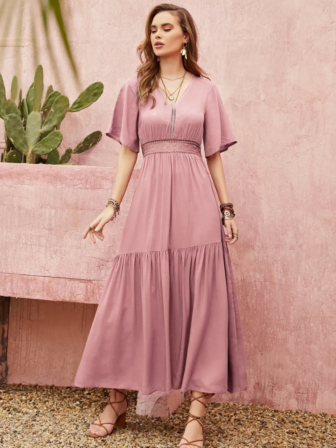 Lace Detail V-Neck Short Sleeve Dress - Blushé Belle