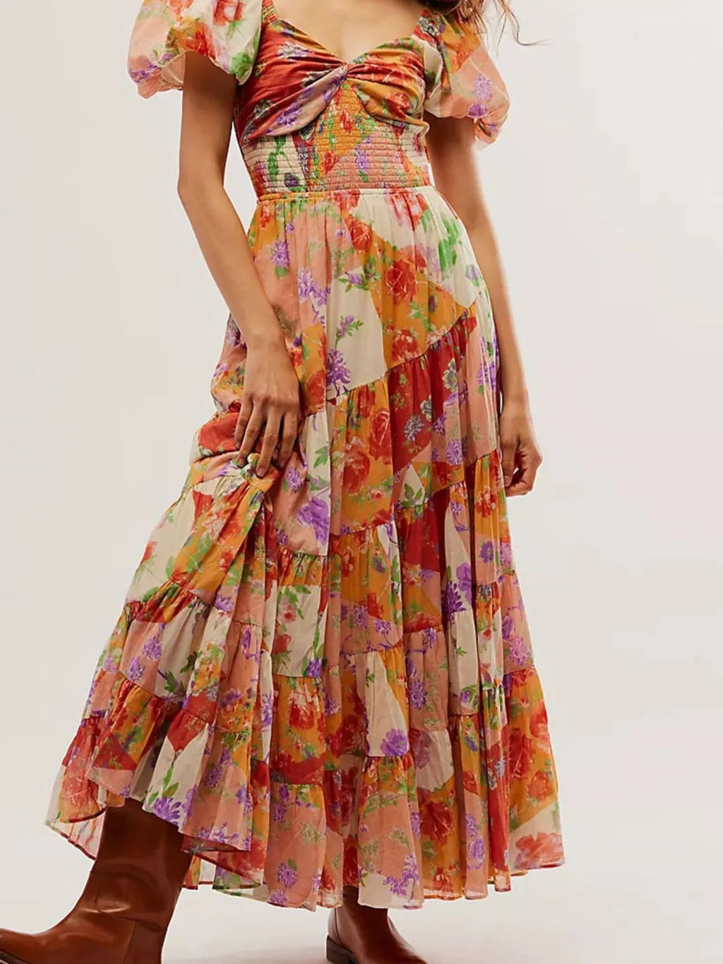 Printed Sweetheart Neck Puff Sleeve Maxi Dress - Blushé Belle