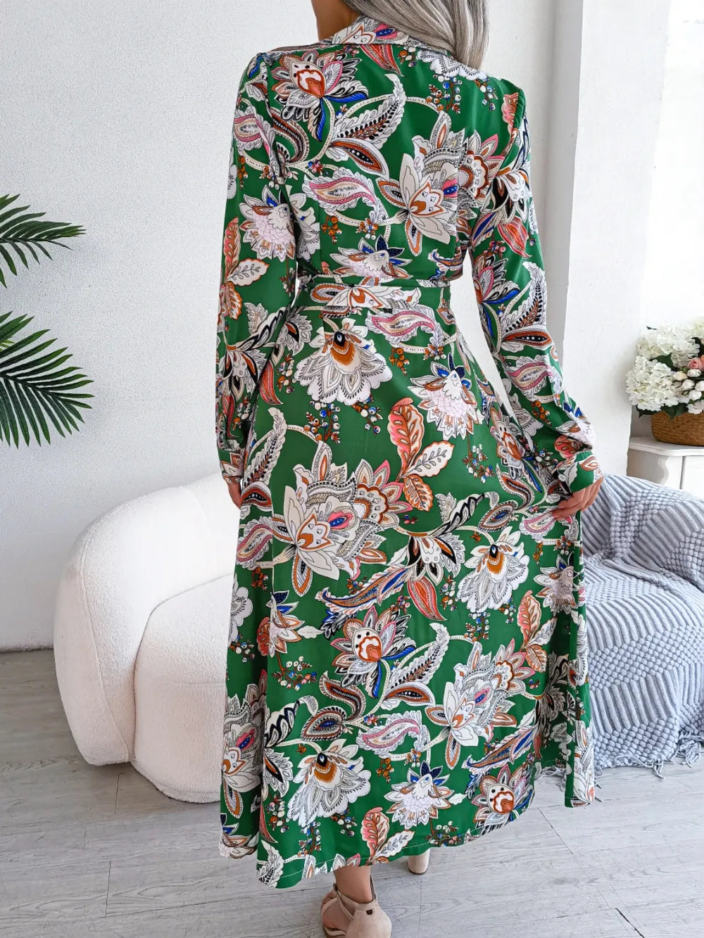 Tied Printed Long Sleeve Midi Dress - Blushé Belle