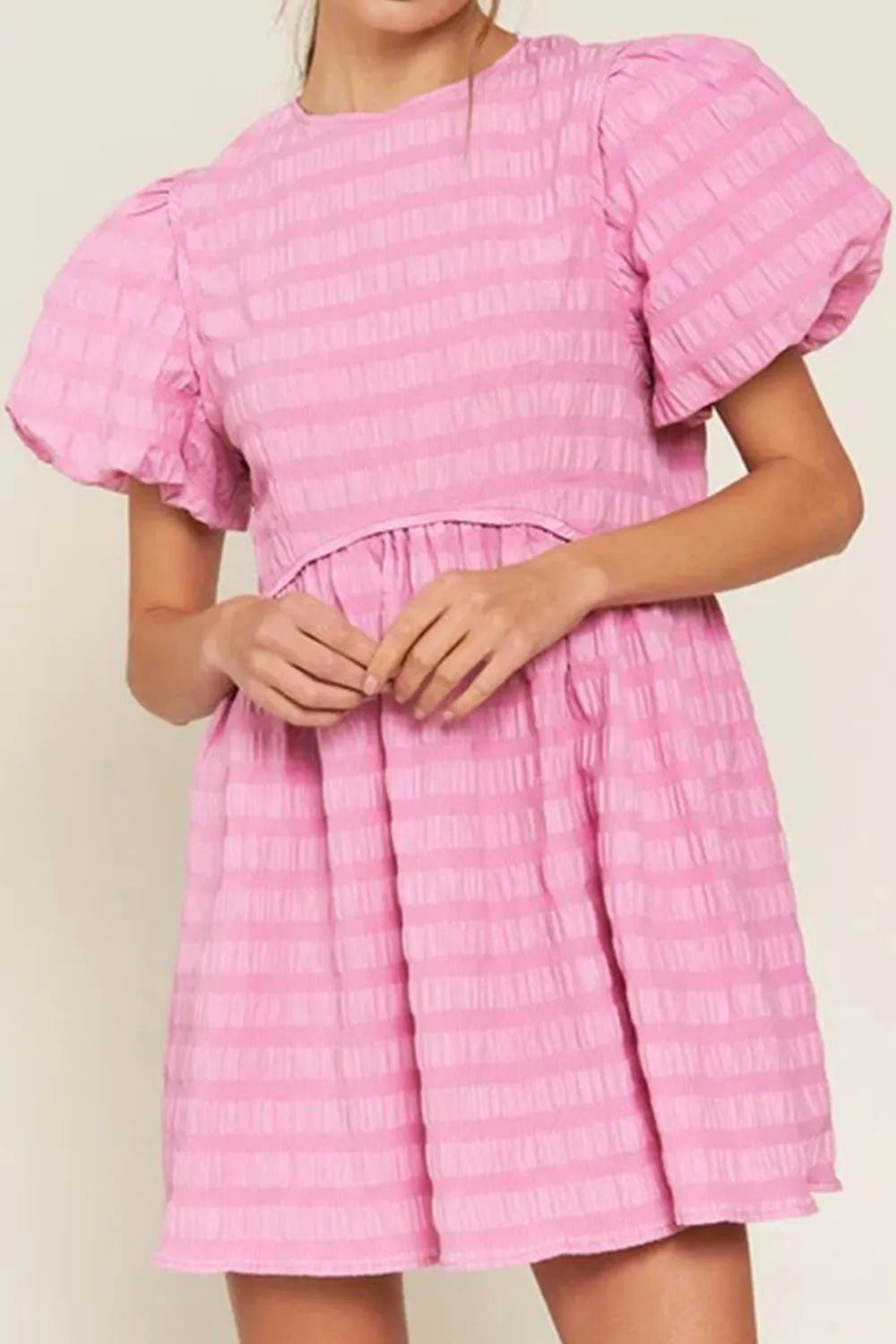 Textured Round Neck Puff Sleeve Mini Dress - Blushé Belle