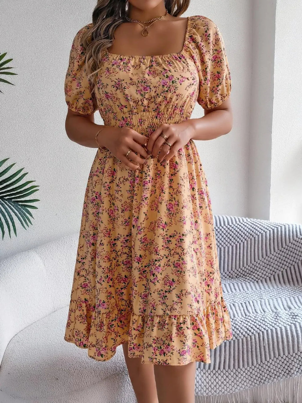 Ruffled Hem Floral Puff Sleeve Dress - Blushé Belle