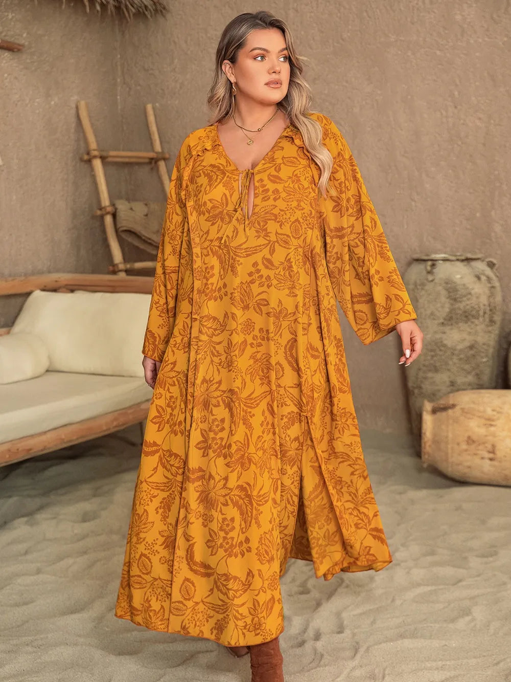 Plus Size Printed Slit Long Sleeve Dress - Blushé Belle
