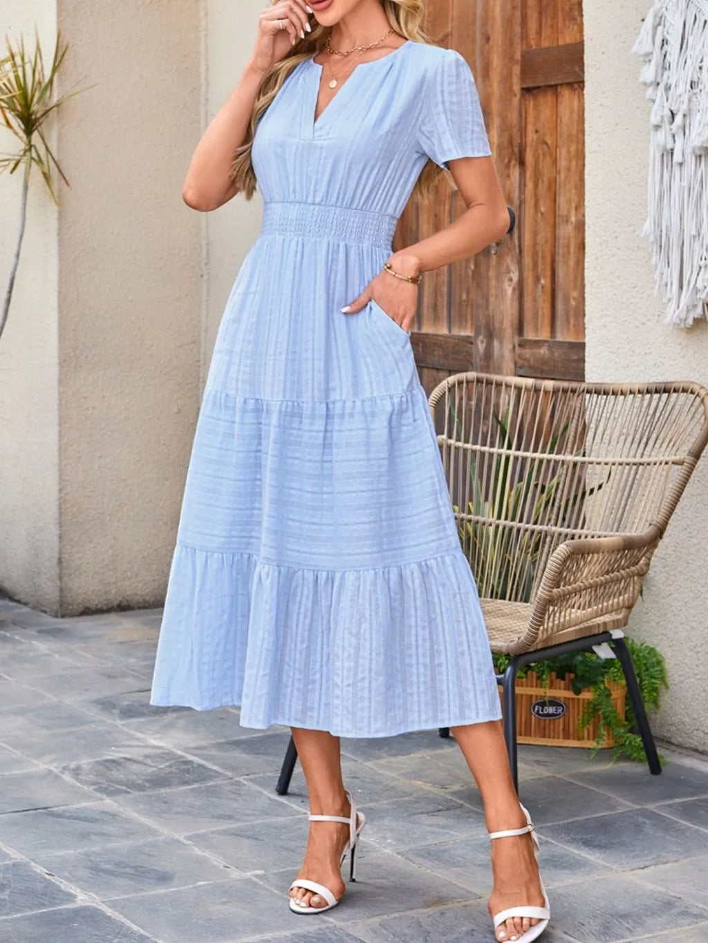 Tiered Notched Short Sleeve Dress - Blushé Belle