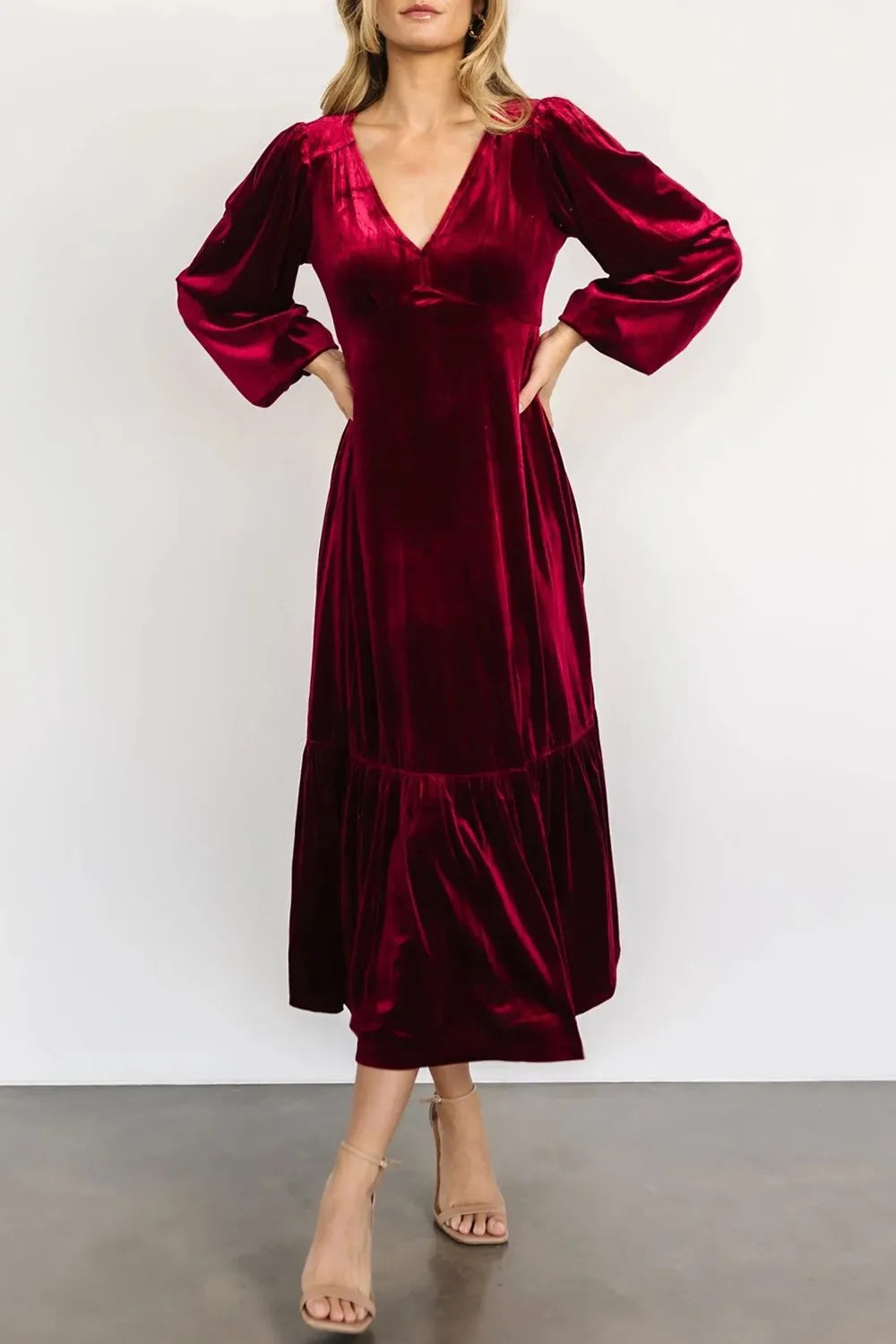 V-Neck Long Sleeve Midi Velvet Dress - Blushé Belle