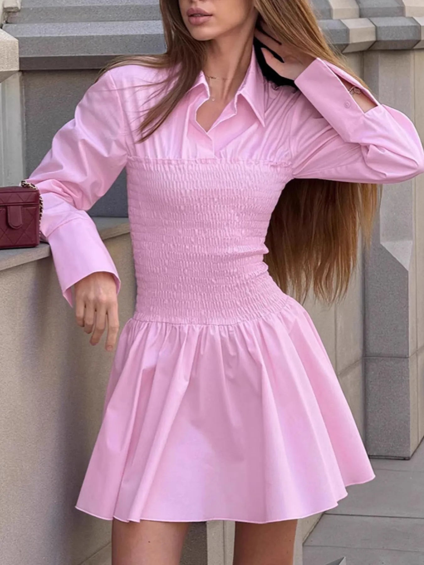 Smocked Long Sleeve Shirt Dress - Blushé Belle