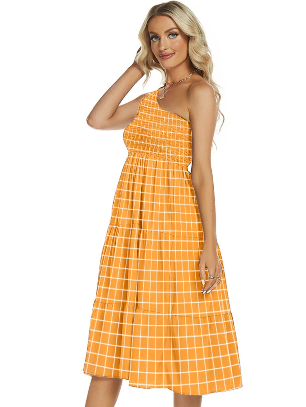 One-Shoulder Tiered Midi Dress with Smocked Bodice - Blushé Belle