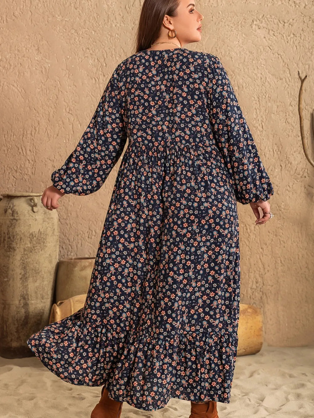 Plus Size Printed V-Neck Balloon Sleeve Dress - Blushé Belle