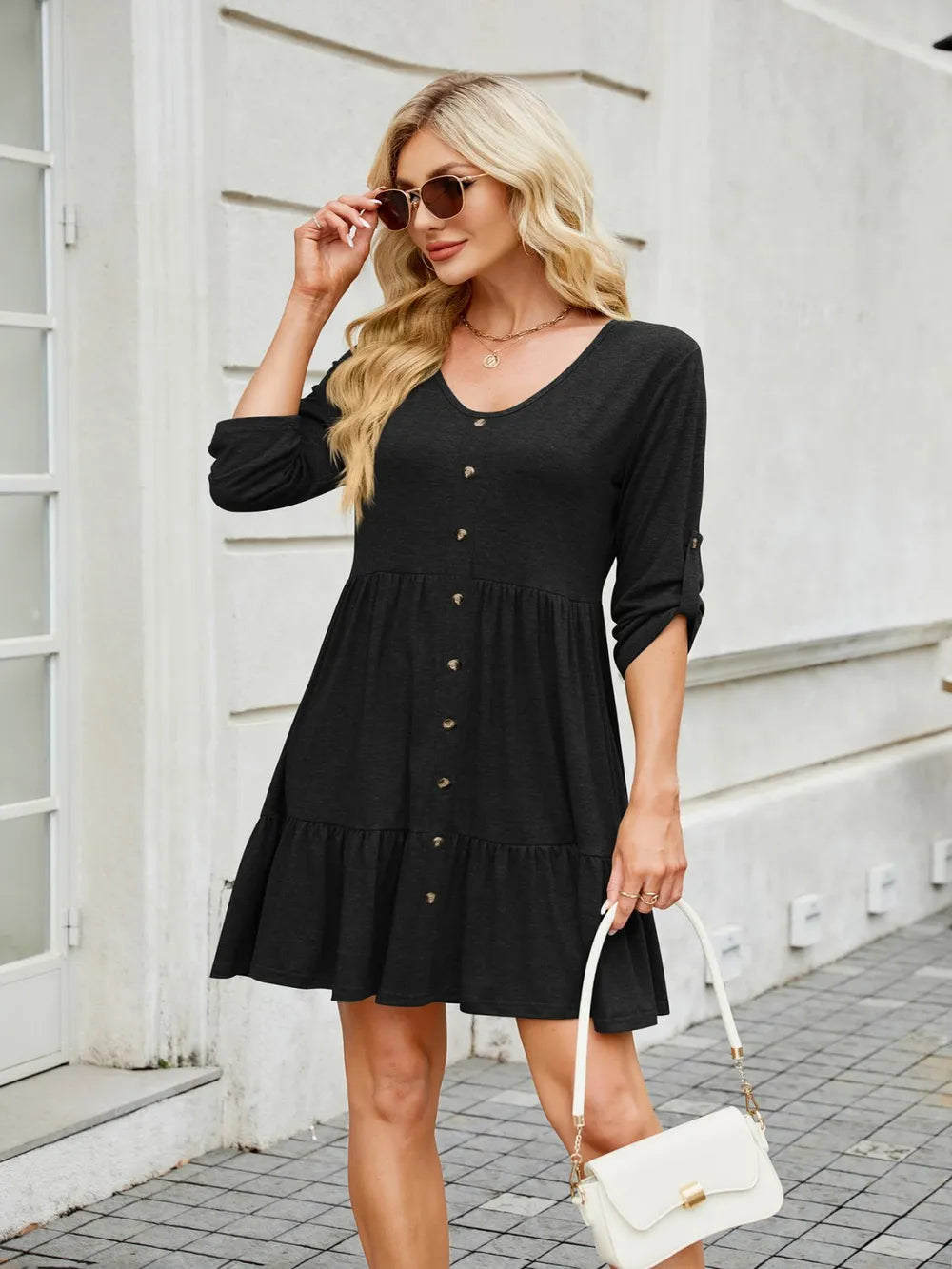 Tiered Ruched V-Neck Mini Dress - Blushé Belle