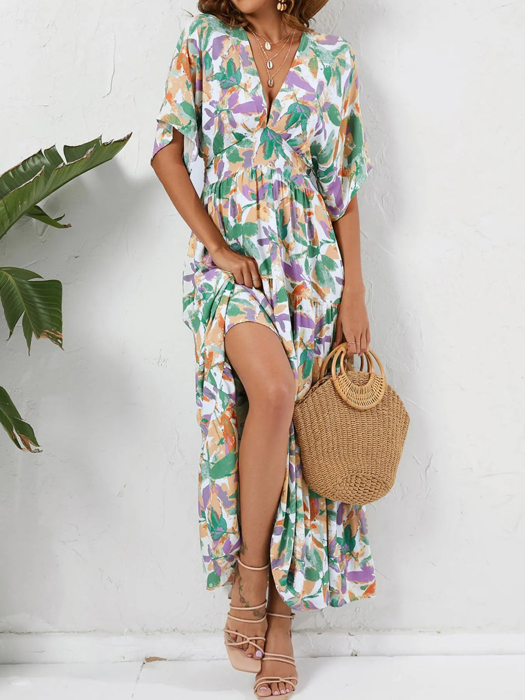 Floral Print V-neck Boho Midi Dress - Blushé Belle
